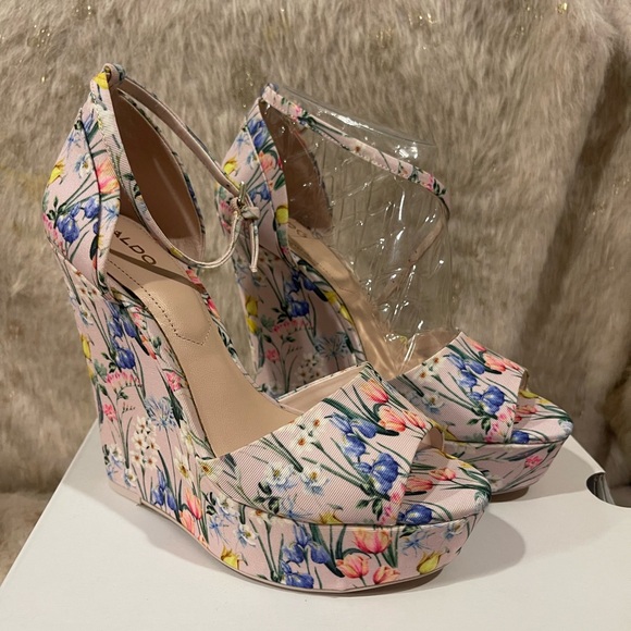 ALDO Floral Print Wedge Sandals - Pink and Blue - Picture 1 of 12